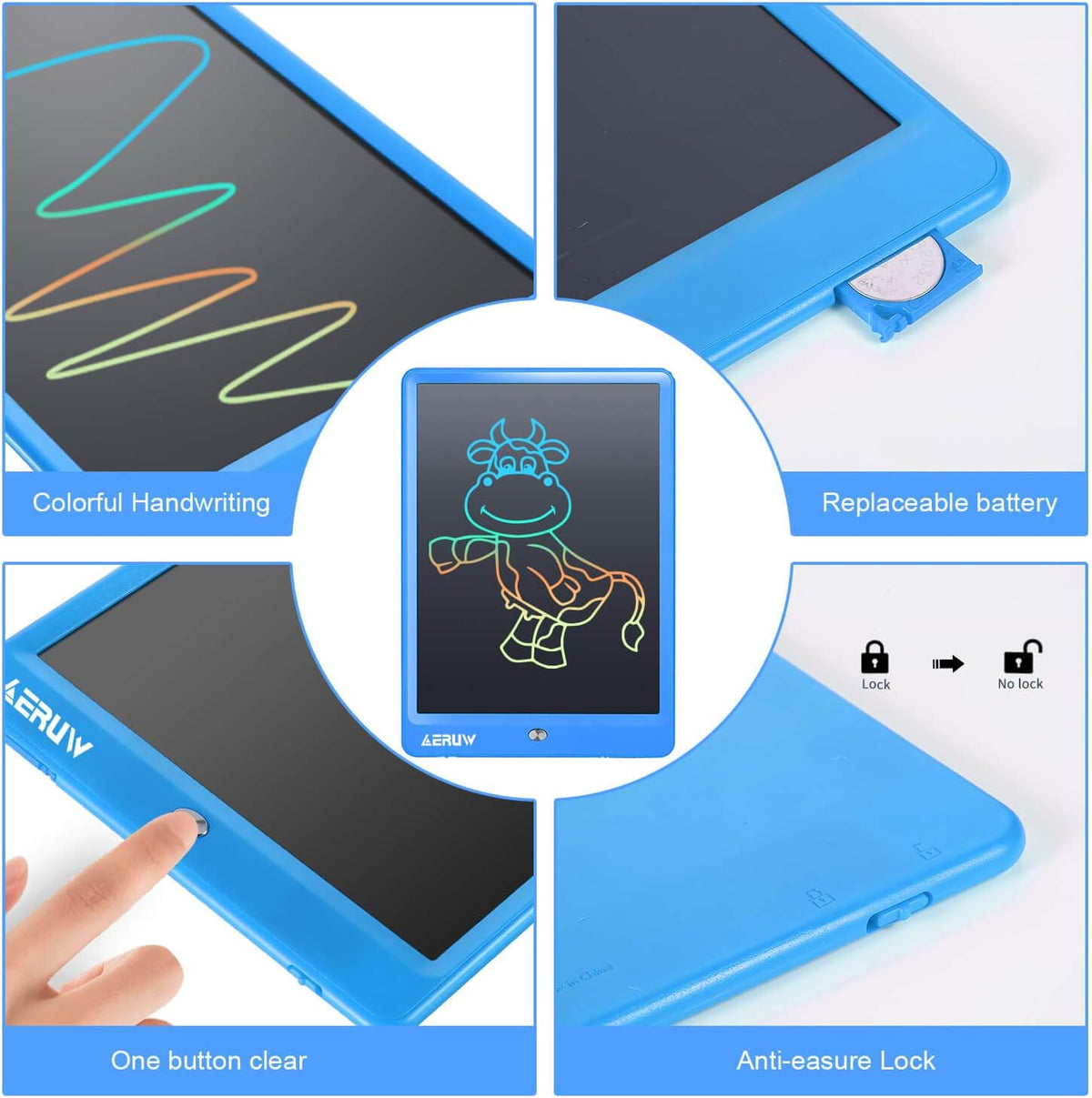 LCD Writing Tablet Colorful 10 Inch Electronic Graphics Doodle Board eWriter Drawing Pad with Memory Lock Kids & Adults Home School Office Handwriting Tablet Gifts(Blue)