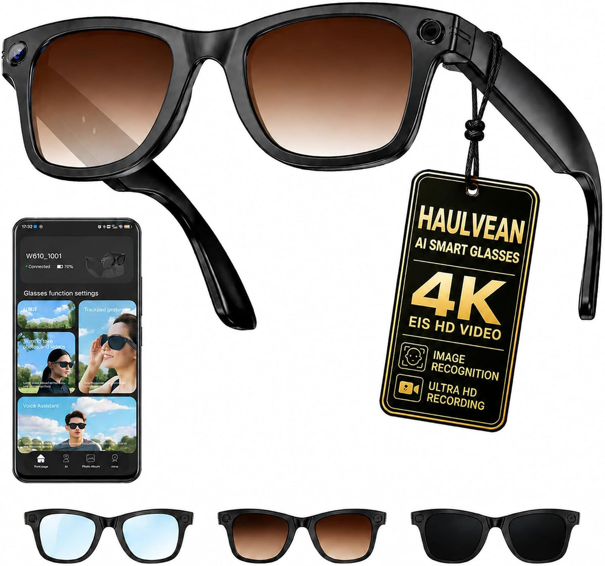 AI Smart Glasses with 13MP Camera for 4K Photo & Video, 3 Replaceable Lense