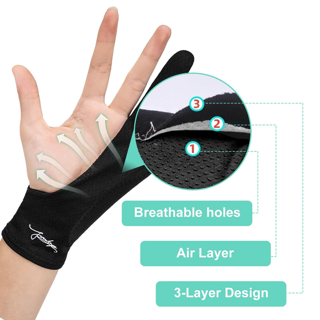 Digital Drawing Glove 3-Layer Palm Rejection(Large,Black) Two-Finger Artist Glove for Graphics Drawing Tablet,Monitor,Sketching,ipad,Paper,Fits for Right and Left Hand