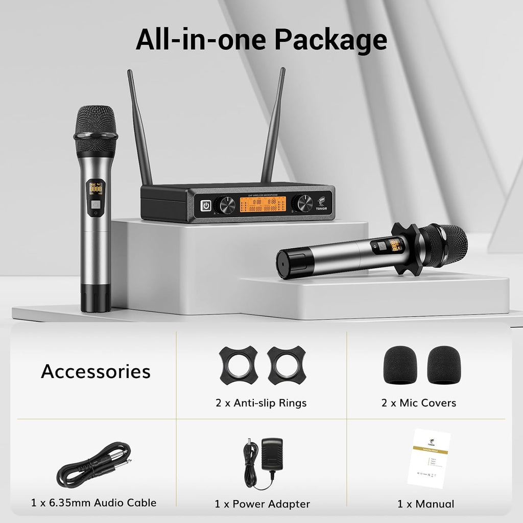 TONOR Wireless Microphones System, 2 * 15 Channel Dynamic Mics Silver*2