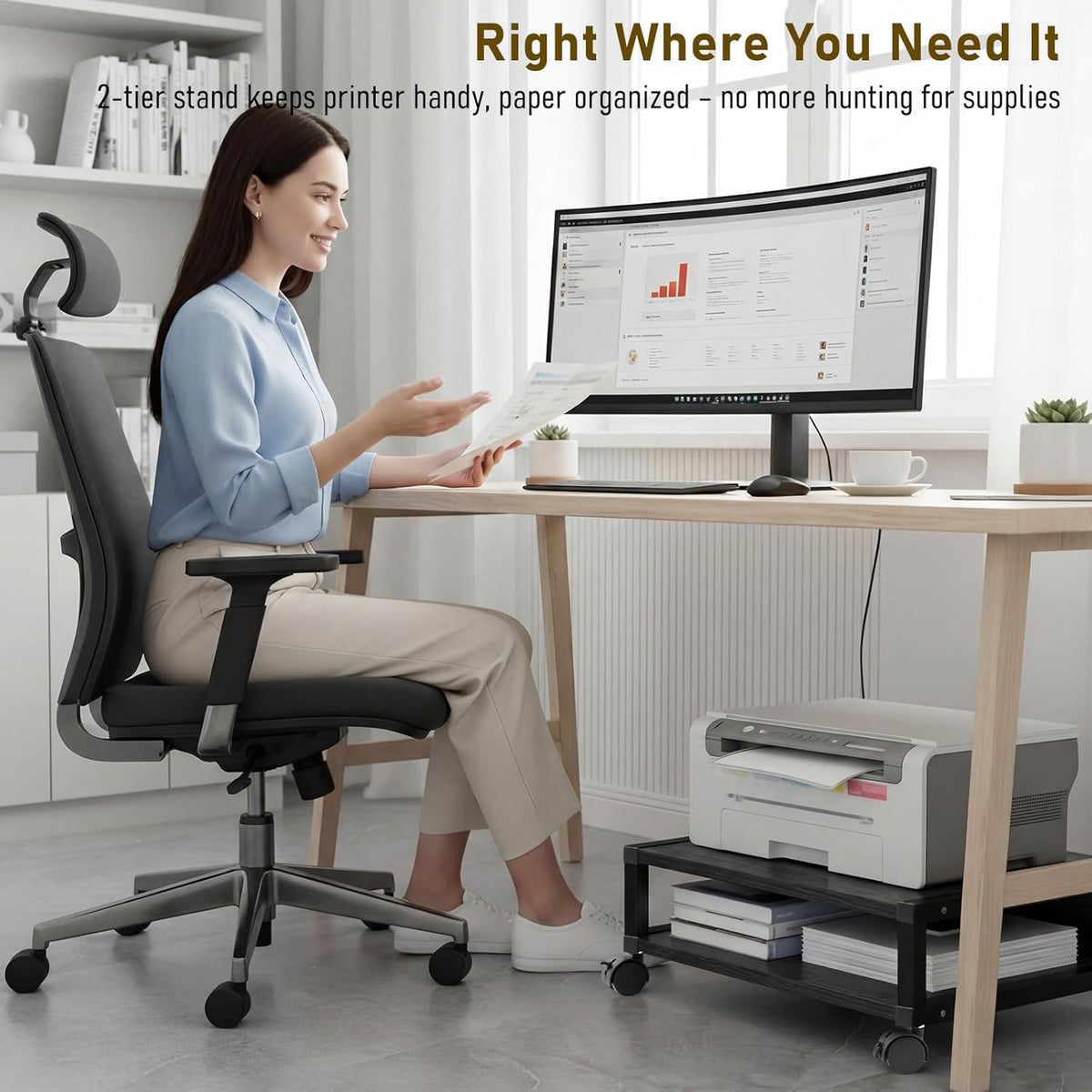 Zonon 2 Tier Printer Stand Under Desk with Wheels, Open Shelf, Black