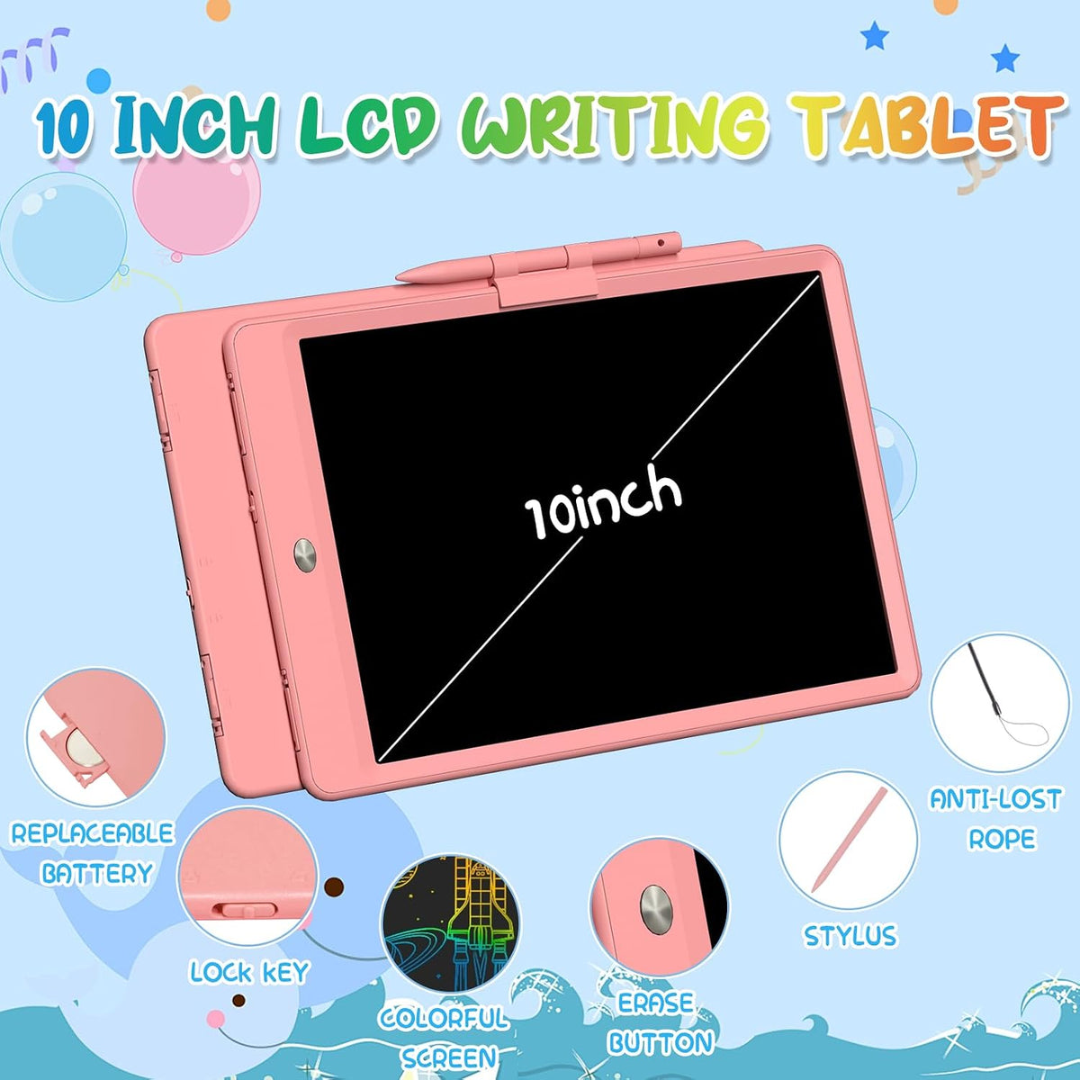 LCD Writing Tablet for Kids 10 Inch Reusable Drawing Tablets for Kids Colorful Writing Board Electronic Drawing Board Educational and Learning Toys for 2-4 Year Old Boys