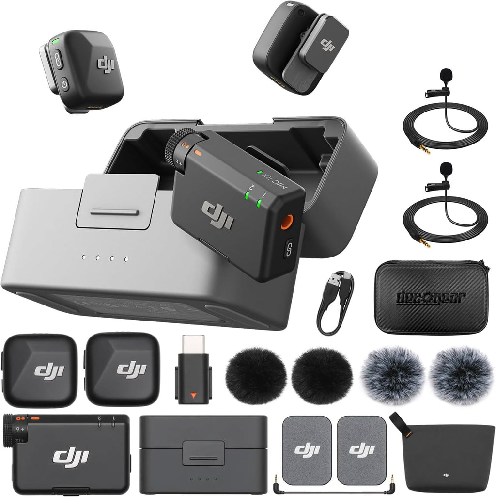 DJI Mic Mini (2 TX + 1 RX + Charging Case) Wireless Lavalier Microphone, Ultralight, Noise Cancelling, Up to 48-Hour Battery Life Bundle with 2 x Deco Gear Lapel Microphone and 5" EVA Case