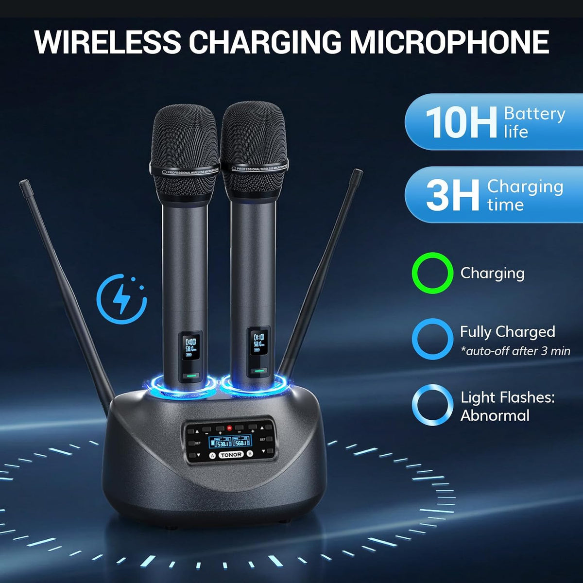 TONOR Bluetooth Wireless Microphones, Rechargeable UHF Cordless Microphone System for Home Party, Metal Dual Handheld 260ft for Home Karaoke, Church, Party,TW-790, Black