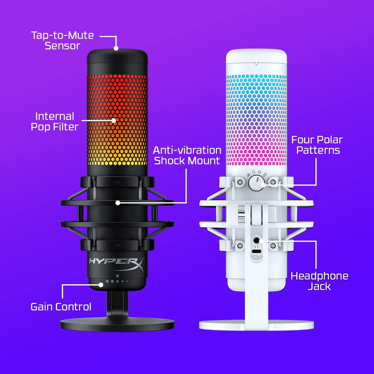 HyperX QuadCast 2 S â USB Microphone, with RGB Lighting, Streaming and Podcasting, with On-Board Controls, LED Lighting, Removable Shock Mount, PC, Mac, USB-C - Black