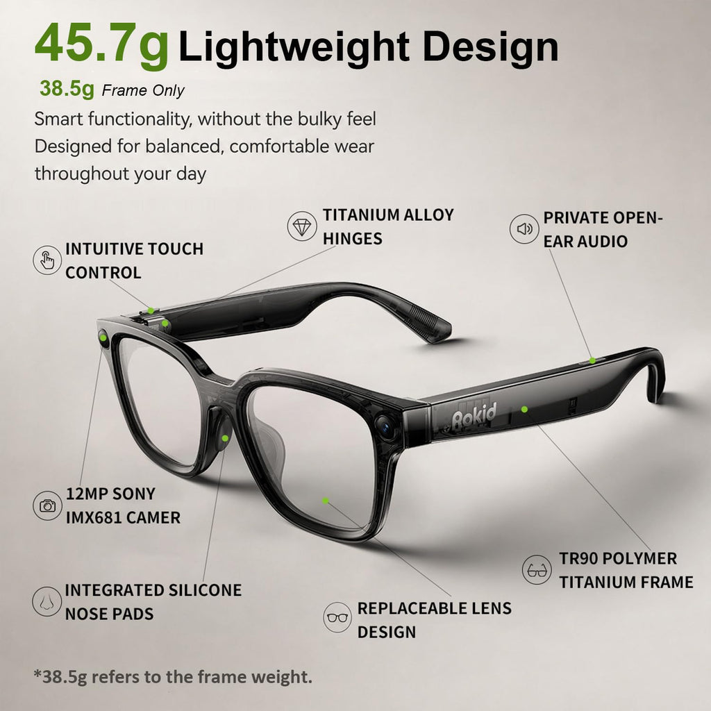 Rokid AI Glasses Style Pack,Smart Audio Glasses with Camera & Power Capsule