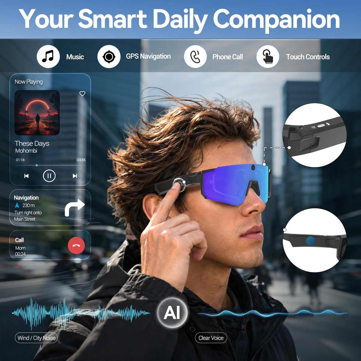 AI Smart Glasses with Camera, ChatGPT & AI Object Recognition, 1200P Video with 6-Axis EIS, Polarized UV400 Sunglasses, Real-Time Translation, IP64 Waterproof for Cycling, Hiking & Vlogging