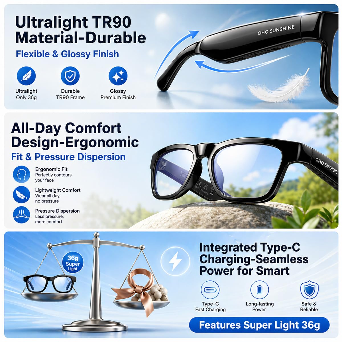 OHO AI Smart Glasses, UV400 Z87+ Audio Open Ear Bluetooth Sunglasses