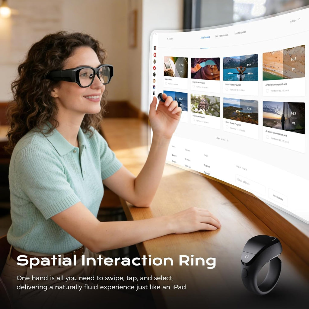 AR Smart Glasses, 150" 1080P Micro-OLED Display, 16MP Camera, 3DoF Ring Control, Android 14, 8G+128G, 36Â° FOV, Light Waveguide Lens for Streaming & Office AR Smart Glasses