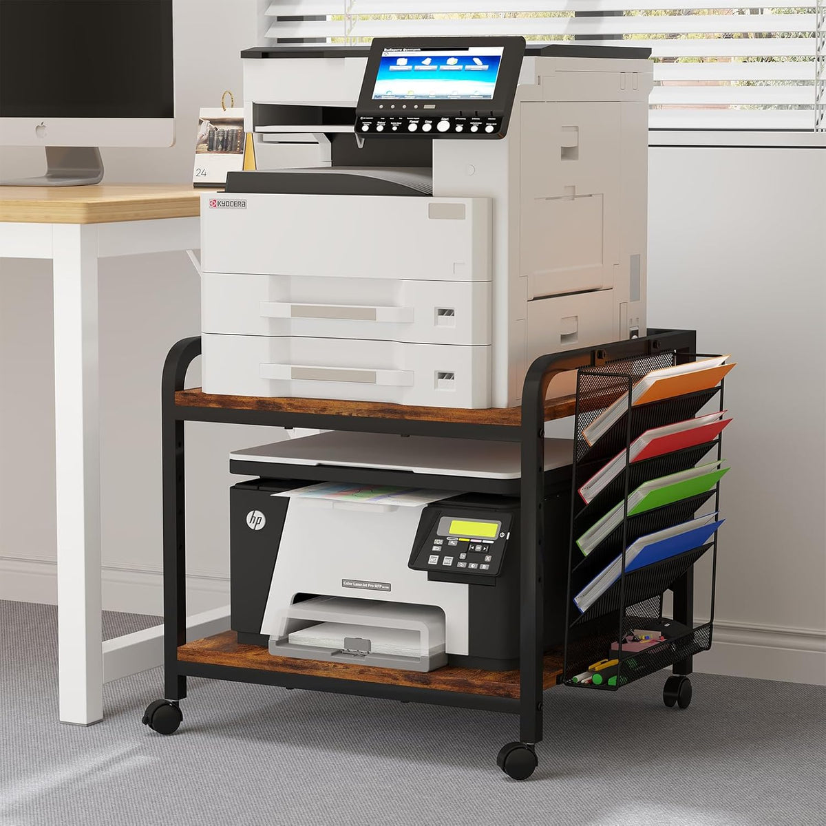 EasyCom 24"x20" Printer Stand with Storage, File Holder & Wheels, Brown