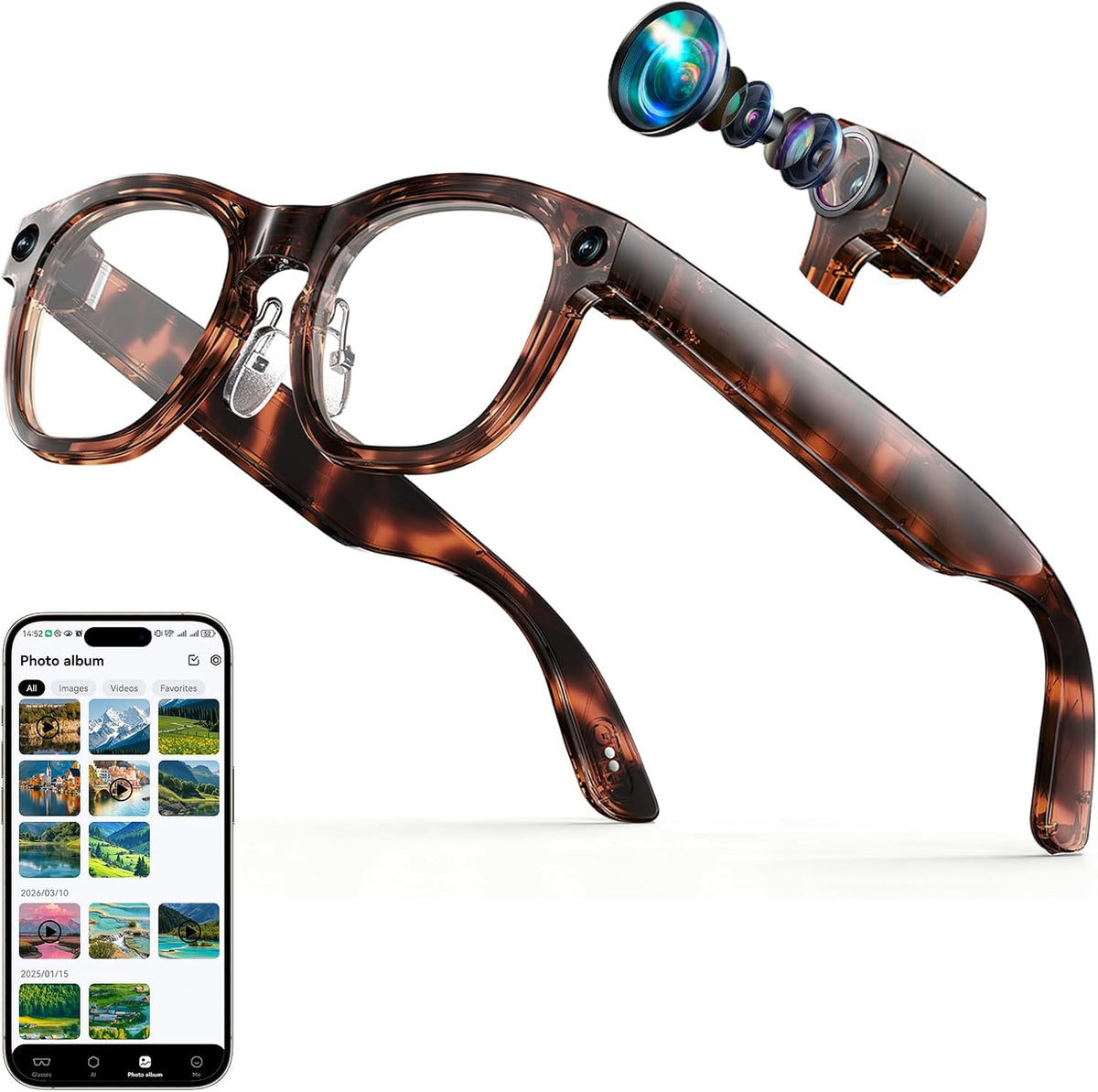 AI Smart Glasses with 8MP Camera, HD Photo & Video, Real-Time Translation, AI Assistant & Object Recognition, Photochromic Lenses, Bluetooth 5.4 Calls & Music, IP65 Waterproof, 7-8Hr Battery