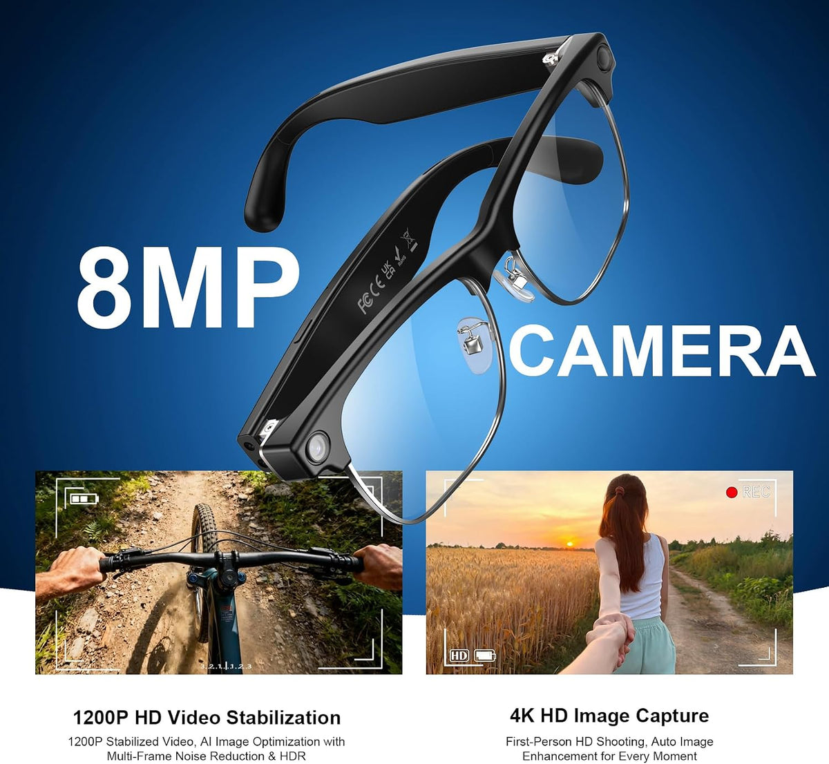Blackview AI Smart Glasses with Camera, BT Call/Photo/4K HD Video Recording Glasses with Real-Time Translation, AI Voice Assistant, Object Recognition, Blue Light Blocking Graduated Lenses