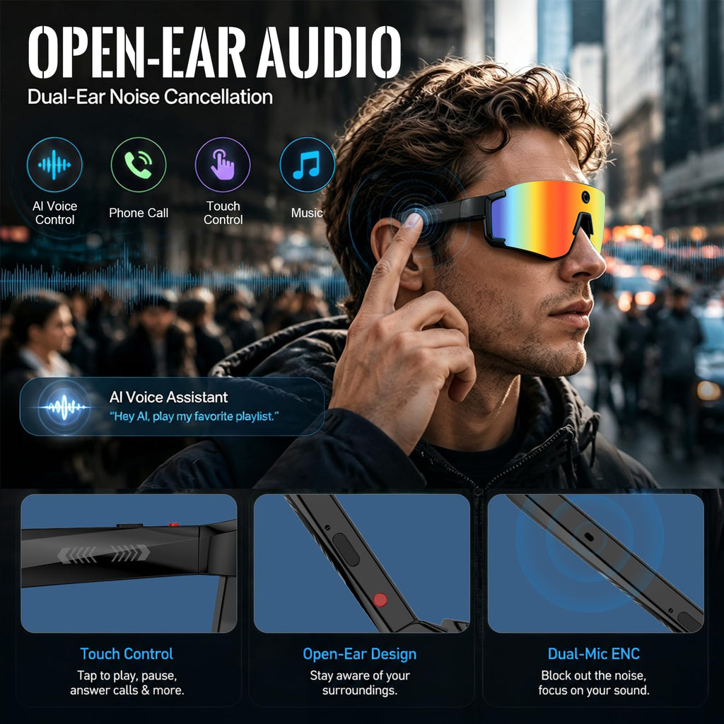 Sport Smart Glasses with Camera, 4K POV Glasses with Photochromic Lens, 6560Ã4928PX Anti-Shake Camera, AI Voice Assistant, 139 Real-Time Translation, IP65 UV400 Sport Sunglasses for Outdoor Sports