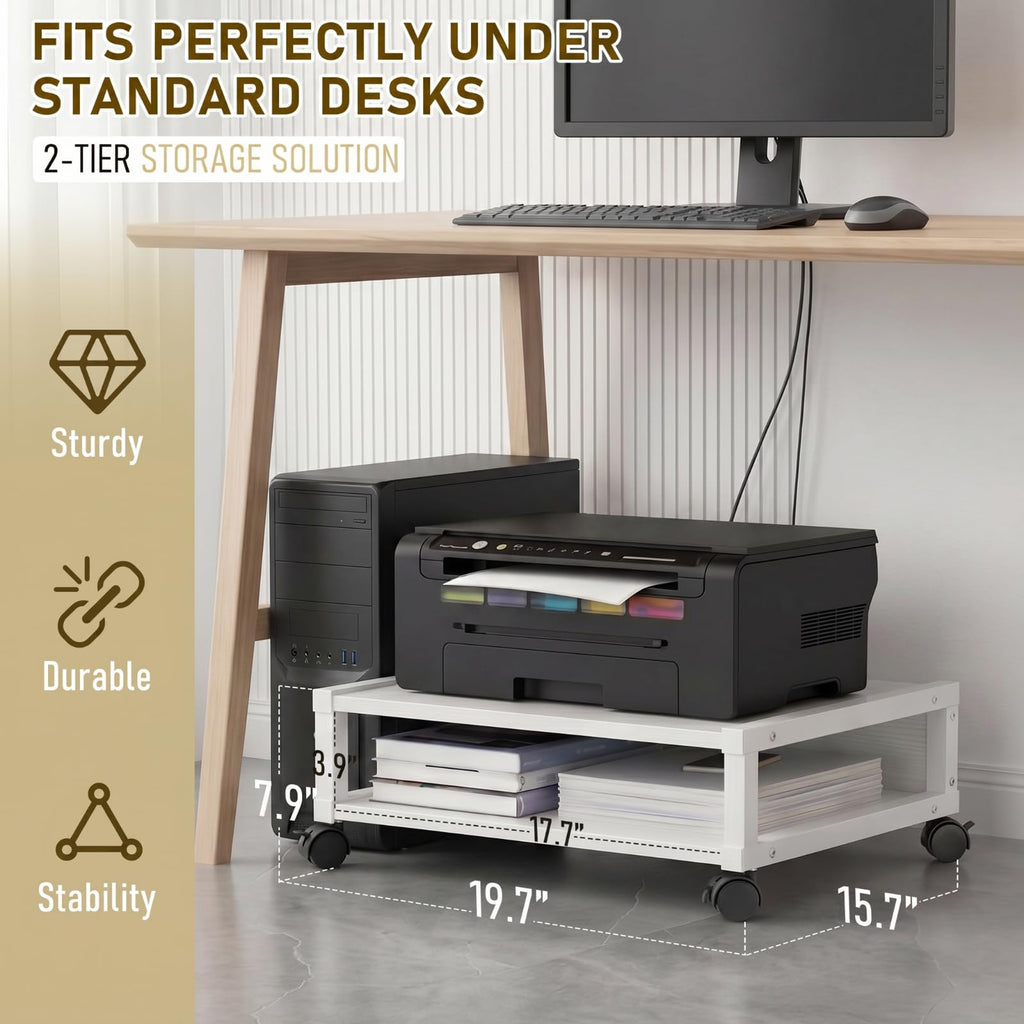 Zonon 2 Tier Printer Stand Under Desk with Wheels, Open Shelf, Black