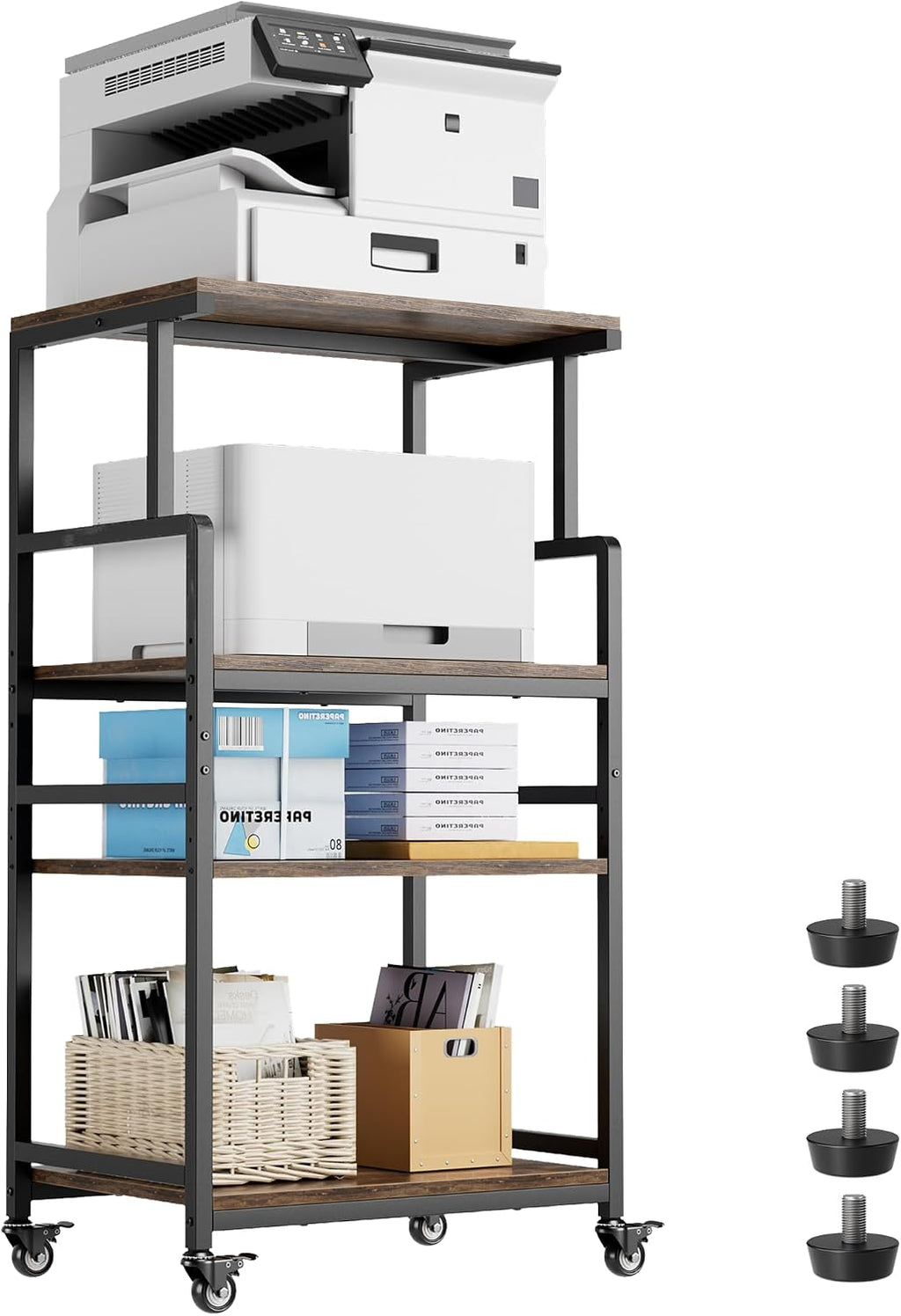 Aquzee 4-Tier Printer Stand, Large Printer Table with Wheels, Open Printers Table for Home Office, Rolling Printers Cart with Wheels, 5-Adjustable Heights, 27.5" W*19.7" D*49.3" H, Rustic Brown