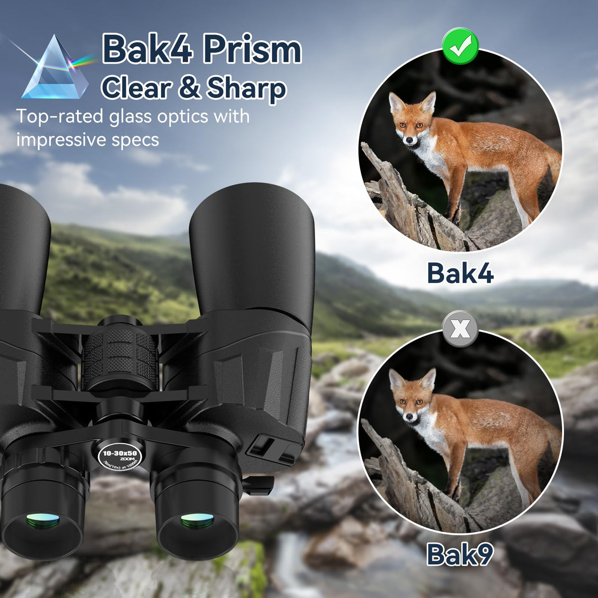 MLight 10-30X50 Zoom Binoculars for Adults, High Powered Military Binoculars for Bird Watching, Hunting, Outdoor, Hiking, Concerts Large View, Waterproof, BK7 Prism, FMC Lens, Low Light Night Vision