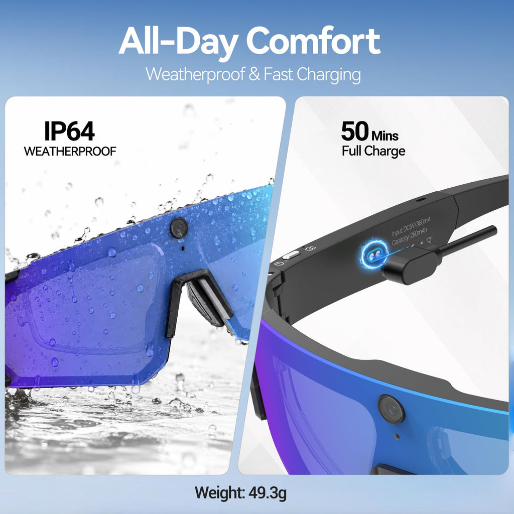 AI Smart Glasses with Camera, ChatGPT & AI Object Recognition, 1200P Video with 6-Axis EIS, Polarized UV400 Sunglasses, Real-Time Translation, IP64 Waterproof for Cycling, Hiking & Vlogging