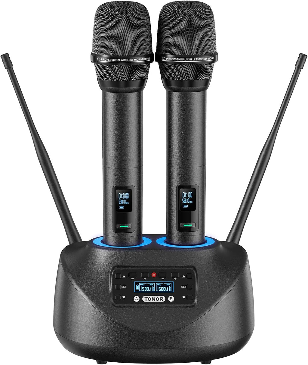 TONOR Bluetooth Wireless Microphones, Rechargeable UHF Cordless Microphone System for Home Party, Metal Dual Handheld 260ft for Home Karaoke, Church, Party,TW-790, Black