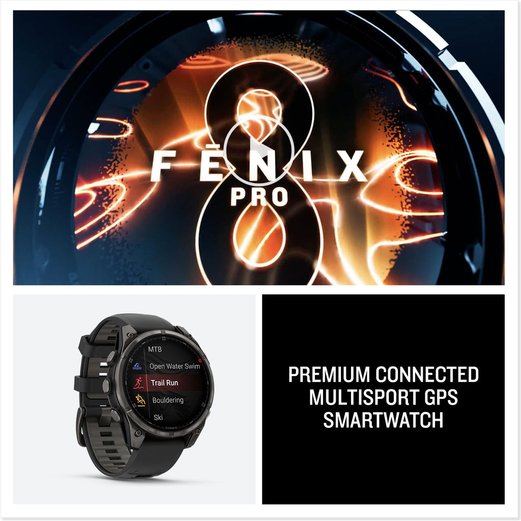 Garmin Fenix 8 Pro, 47mm, AMOLED Display, Premium Multisport GPS Smartwatch, inReach Technology for Emergency Survival, Health Tracking | Titanium/Graphite, Signature Series Modern Power Stand