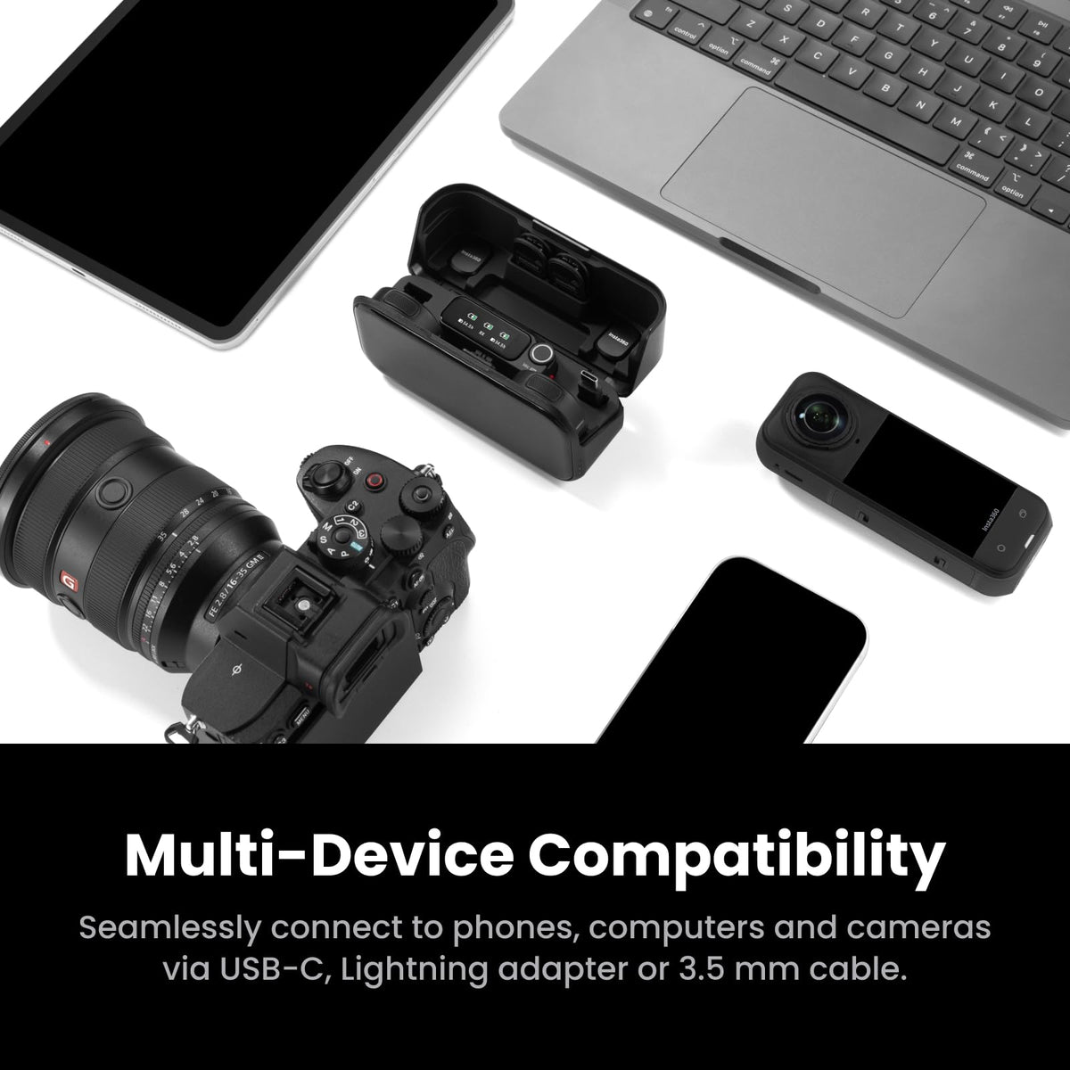 Insta360 Mic Pro (2 TX + 1 RX + Charging Case), Wireless Mini Lavalier Microphone for iPhone/Camera/Android, Video Recording, Vlogging, Bluetooth, Customizable E-Ink Display, 3-Mic Array, 30hrs Use