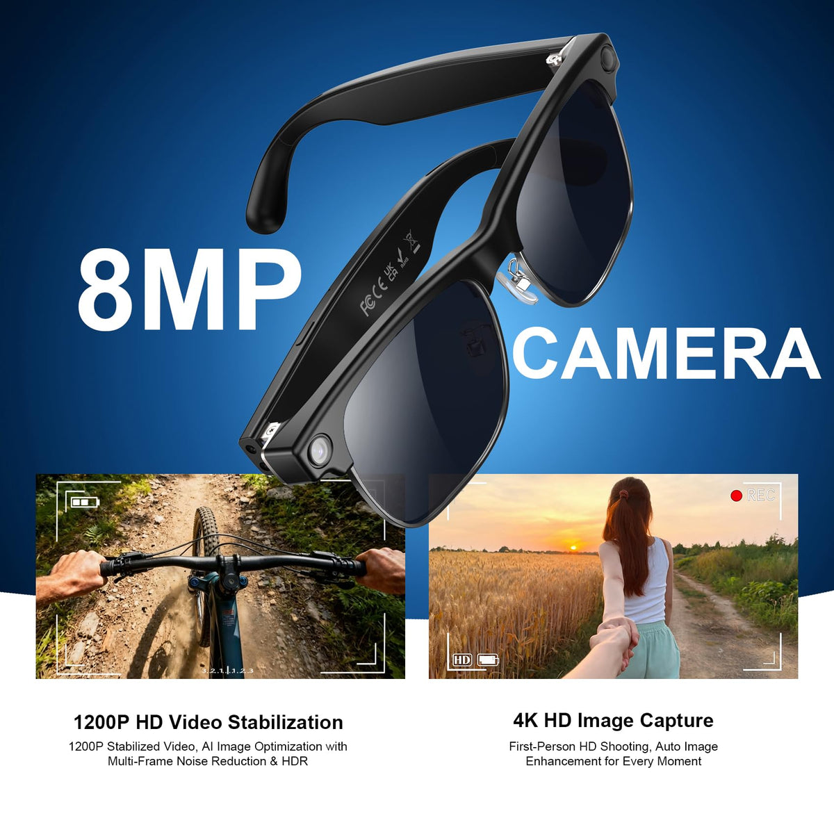 Blackview AI Smart Glasses with Camera, BT Call/Photo/4K HD Video Recording Glasses with Real-Time Translation, AI Voice Assistant, Object Recognition, Blue Light Blocking Graduated Lenses