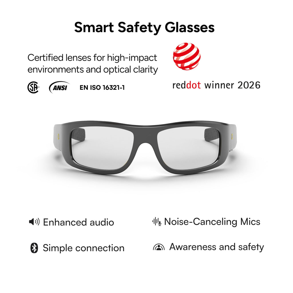 Lucyd Armor Smart Safety Glasses, TR90 Frame, Light Adaptive Lenses, Open Ear Speakers & Microphone - ANSI Z87.1