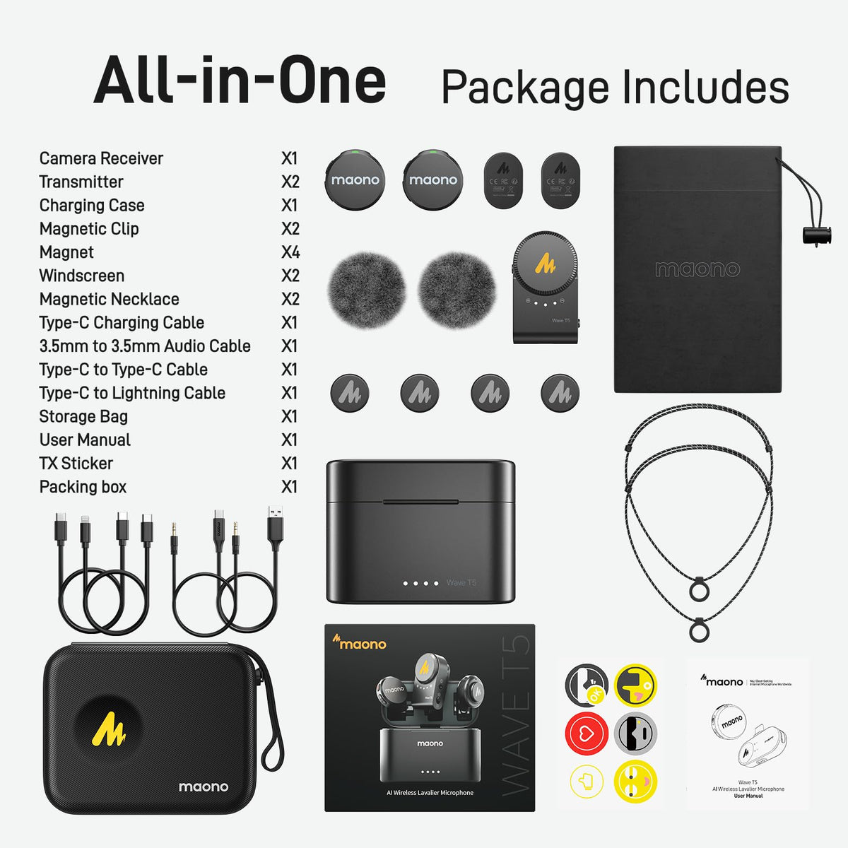 MAONO Wave T5 Wireless Lavalier Microphone for iPhone/Android/Camera/PC