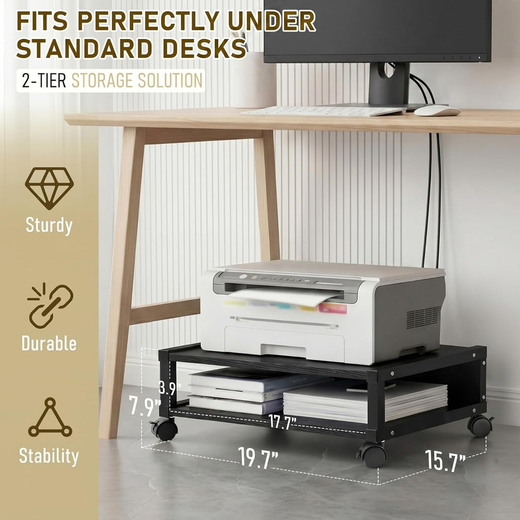 Zonon 2 Tier Printer Stand Under Desk with Wheels, Open Shelf, Black