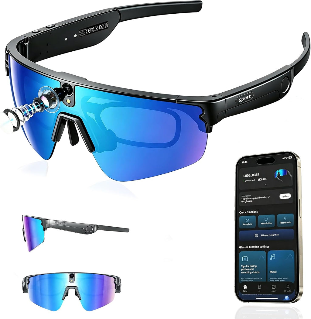 AI Smart Glasses with Camera,4K Video Recording Glasses, AI Voice Assistant,Real-Time Translation,Object Recognition,Bluetooth Sports Sunglasses,IP66 Waterproof for Cycling,Running & Hiking (Blue)