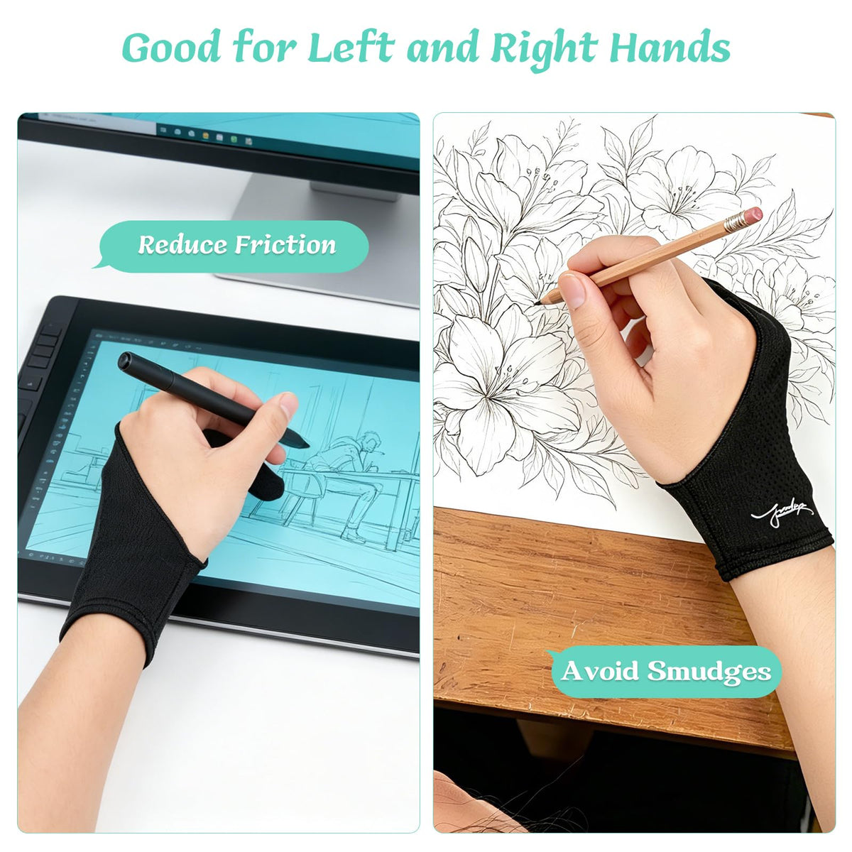 Digital Drawing Glove 3-Layer Palm Rejection(Large,Black) Two-Finger Artist Glove for Graphics Drawing Tablet,Monitor,Sketching,ipad,Paper,Fits for Right and Left Hand