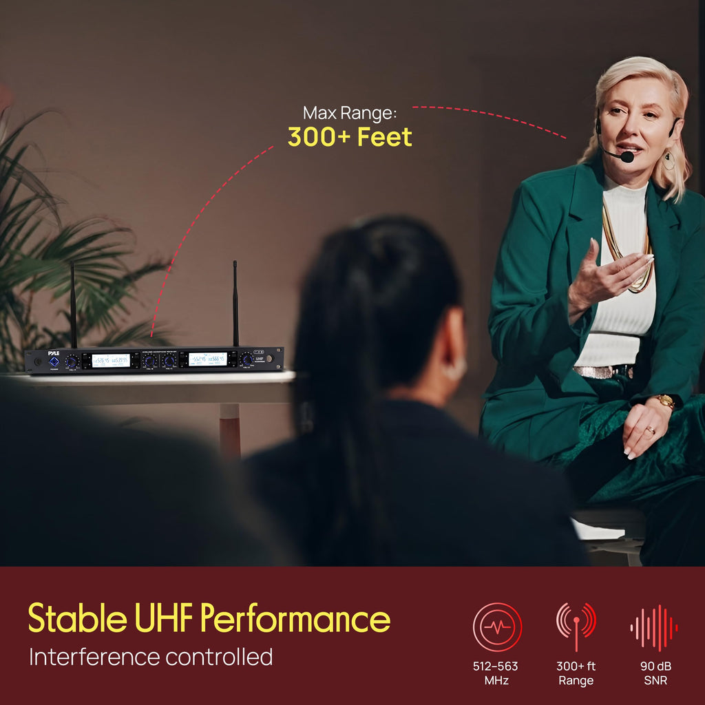 Pyle 4 Channel UHF Wireless Microphone System with 2 Handheld Mics, 2 Lavalier 2 Headsets & Beltpack Transmitters, 300ft Range, Rack Mount Receiver for Church, Meetings, DJ & PA Systems