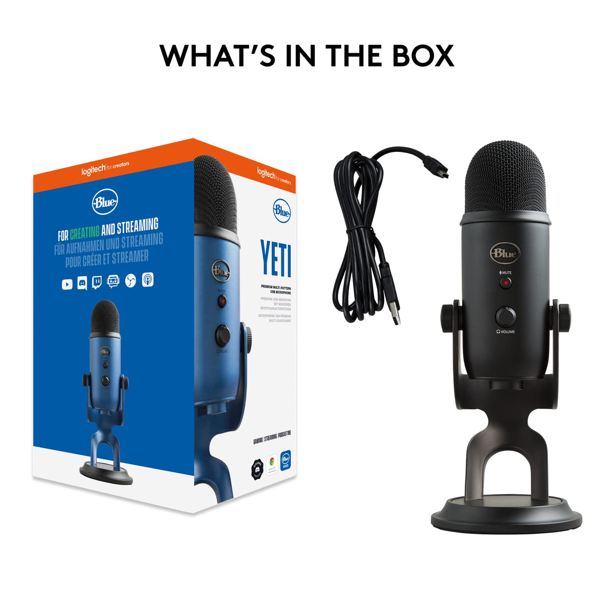 Logitech Creators Blue Yeti USB Microphone for PC, Mac, Gaming, Recording, Streaming, Podcasting, Studio and Computer Condenser Mic with Blue VO!CE Effects, 4 Pickup Patterns, Plug and Play - Silver