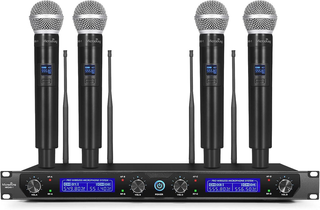 MicrocKing 4 Channel UHF Wireless Microphone System, 4 Handheld Wireless Microphones with Receiver, 400ft Long Range, Professional Dynamic Mic Set for Church, Conference, Wedding, Karaoke and Speech