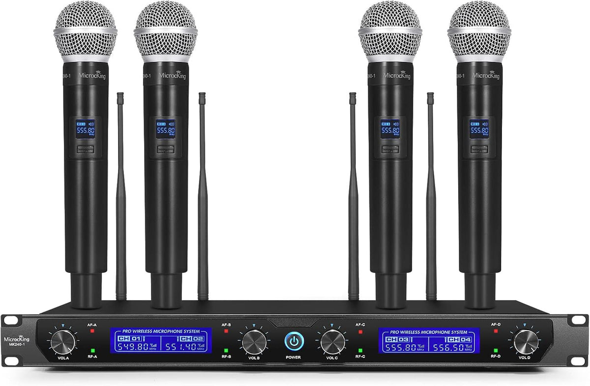MicrocKing 4 Channel UHF Wireless Microphone System, 4 Handheld Wireless Microphones with Receiver, 400ft Long Range, Professional Dynamic Mic Set for Church, Conference, Wedding, Karaoke and Speech