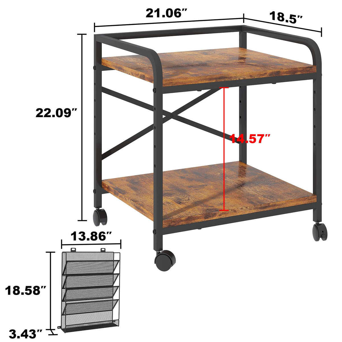 EasyCom 24"x20" Printer Stand with Storage, File Holder & Wheels, Brown