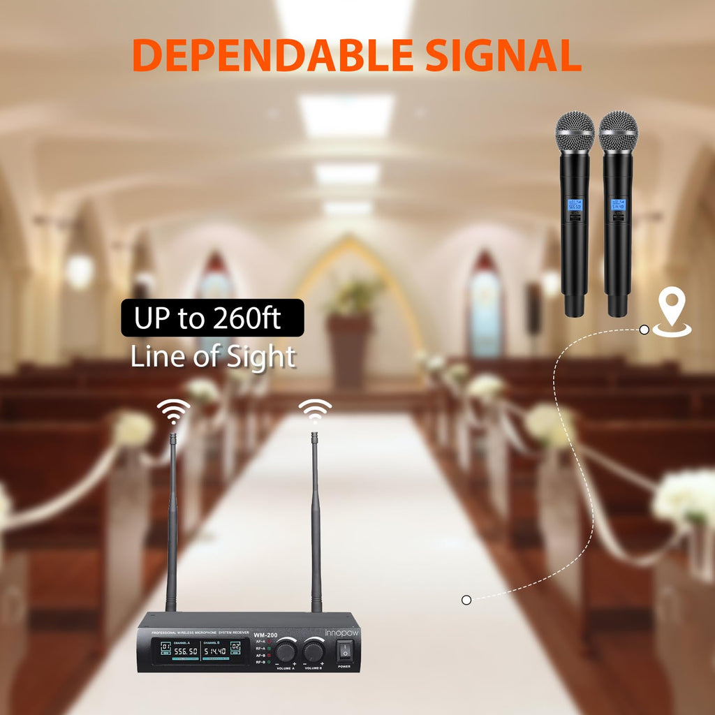 innopow Wireless Microphone System, Dual UHF Metal Cordless Mic Set, Long Distance 150-200Ft,16 Hours Continuous, Fixed Frequency, Use for Karaoke Singing, Family Party,Church (CH.01&02)