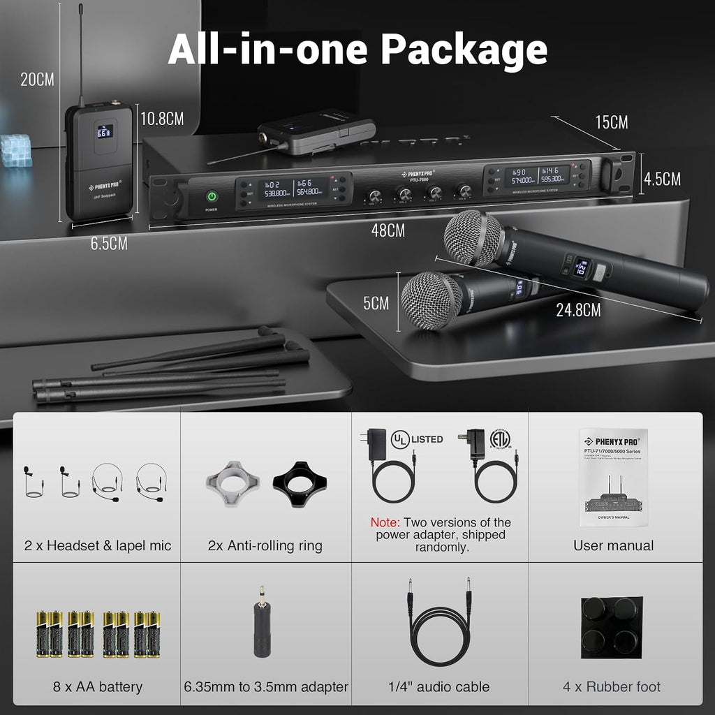 Phenyx Pro 4-Channel UHF Auto Scan Wireless Microphone System PTU-7000-2H2B