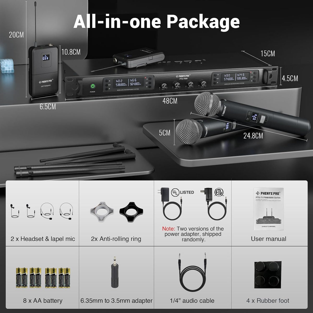 Phenyx Pro 4-Channel UHF Auto Scan Wireless Microphone System PTU-7000-2H2B