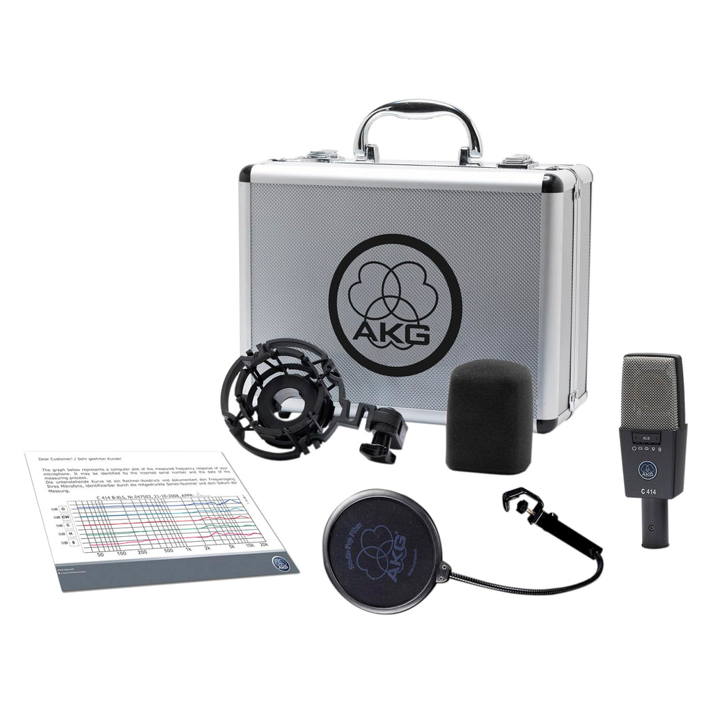 AKG Pro Audio C414XLS Pair Studio Grade Professional Large Diaphragm, Dual Capsule, Multi-Pattern, Vocal & Instrument Condenser Microphone with Aluminum Carrying Case. XLR Connector. Gray with Gold.
