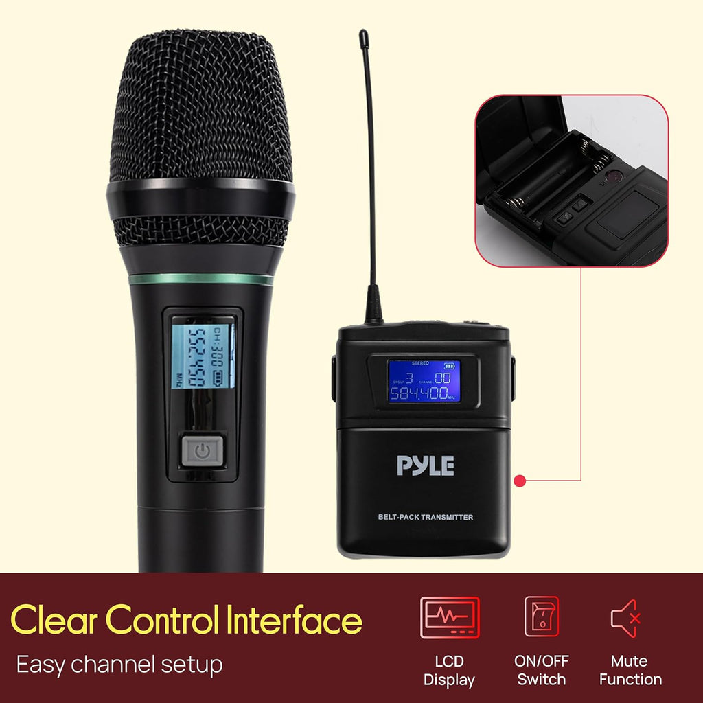 Pyle 4 Channel UHF Wireless Microphone System with 2 Handheld Mics, 2 Lavalier 2 Headsets & Beltpack Transmitters, 300ft Range, Rack Mount Receiver for Church, Meetings, DJ & PA Systems