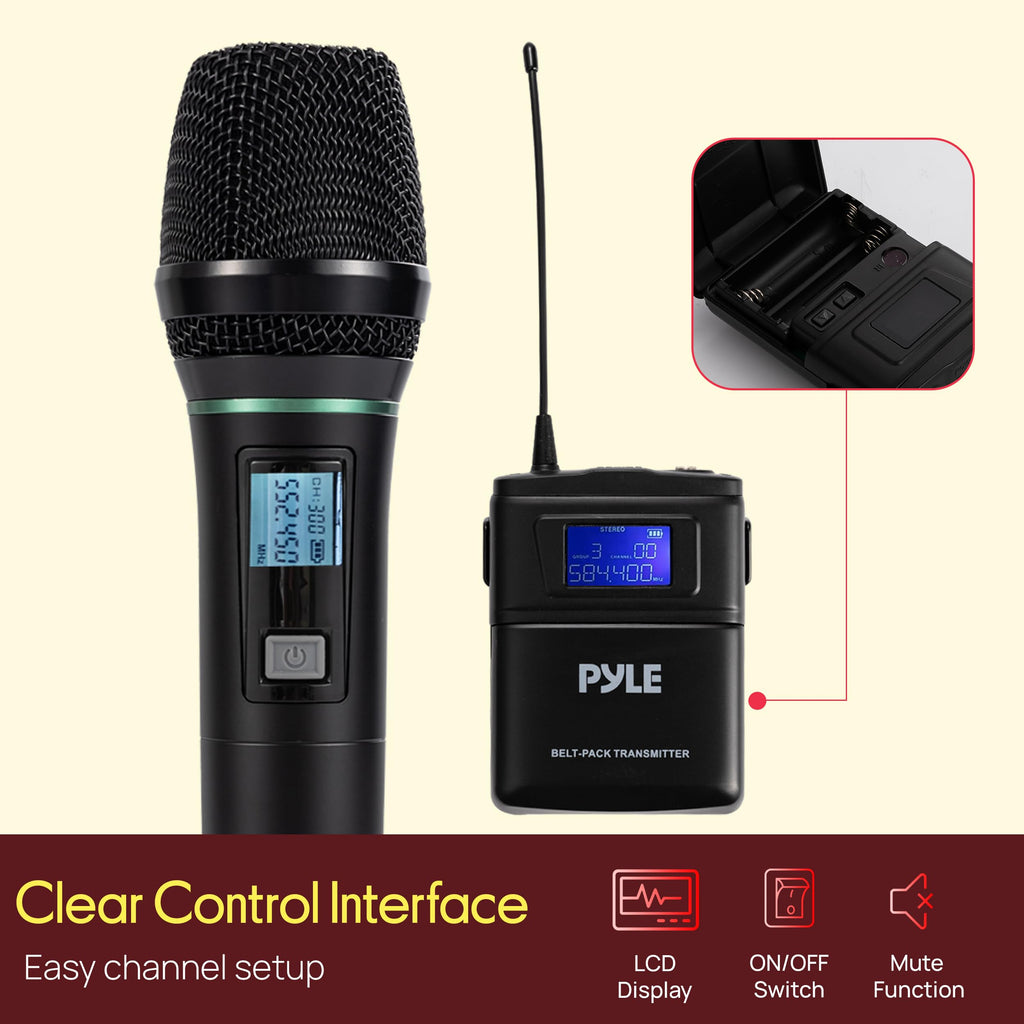 Pyle 4 Channel UHF Wireless Microphone System with 2 Handheld Mics, 2 Lavalier 2 Headsets & Beltpack Transmitters, 300ft Range, Rack Mount Receiver for Church, Meetings, DJ & PA Systems