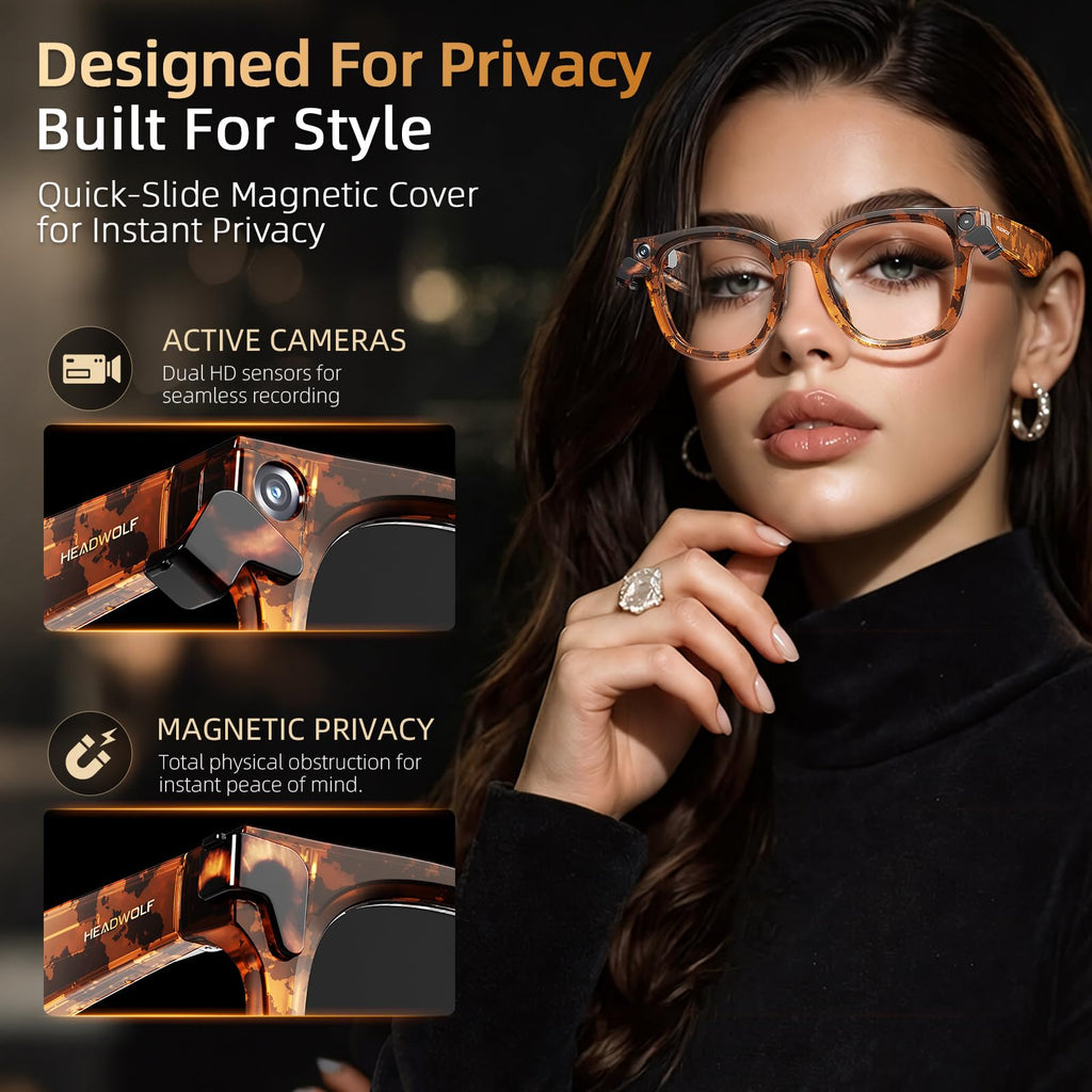 Headwolf AI Smart Glasses with 8MP Camera & Magnetic Privacy Cover