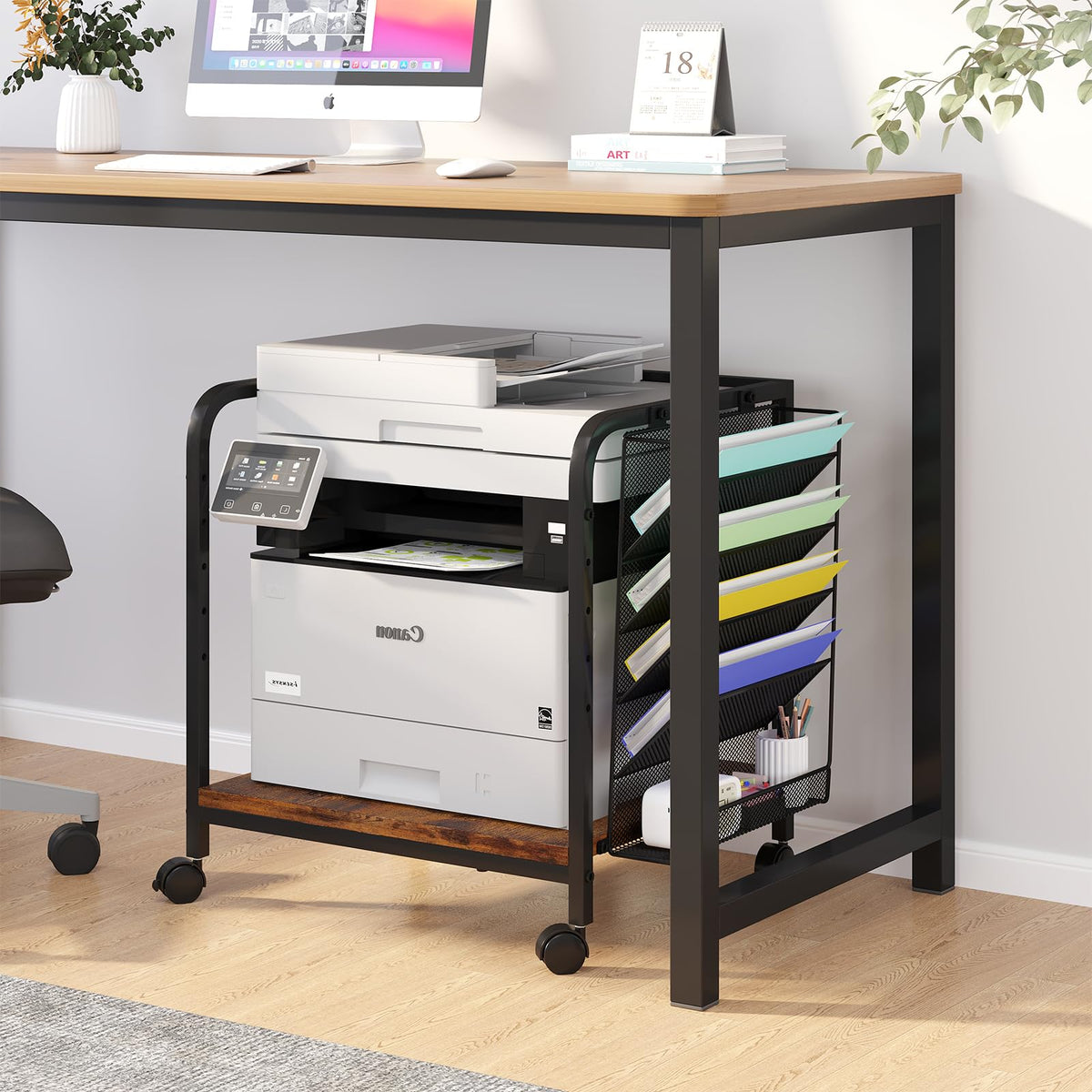 EasyCom 24"x20" Printer Stand with Storage, File Holder & Wheels, Brown