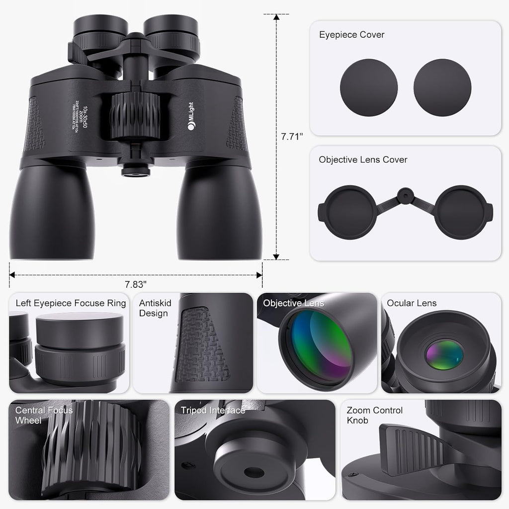 MLight 10-30X50 Zoom Binoculars for Adults, High Powered Military Binoculars for Bird Watching, Hunting, Outdoor, Hiking, Concerts Large View, Waterproof, BK7 Prism, FMC Lens, Low Light Night Vision