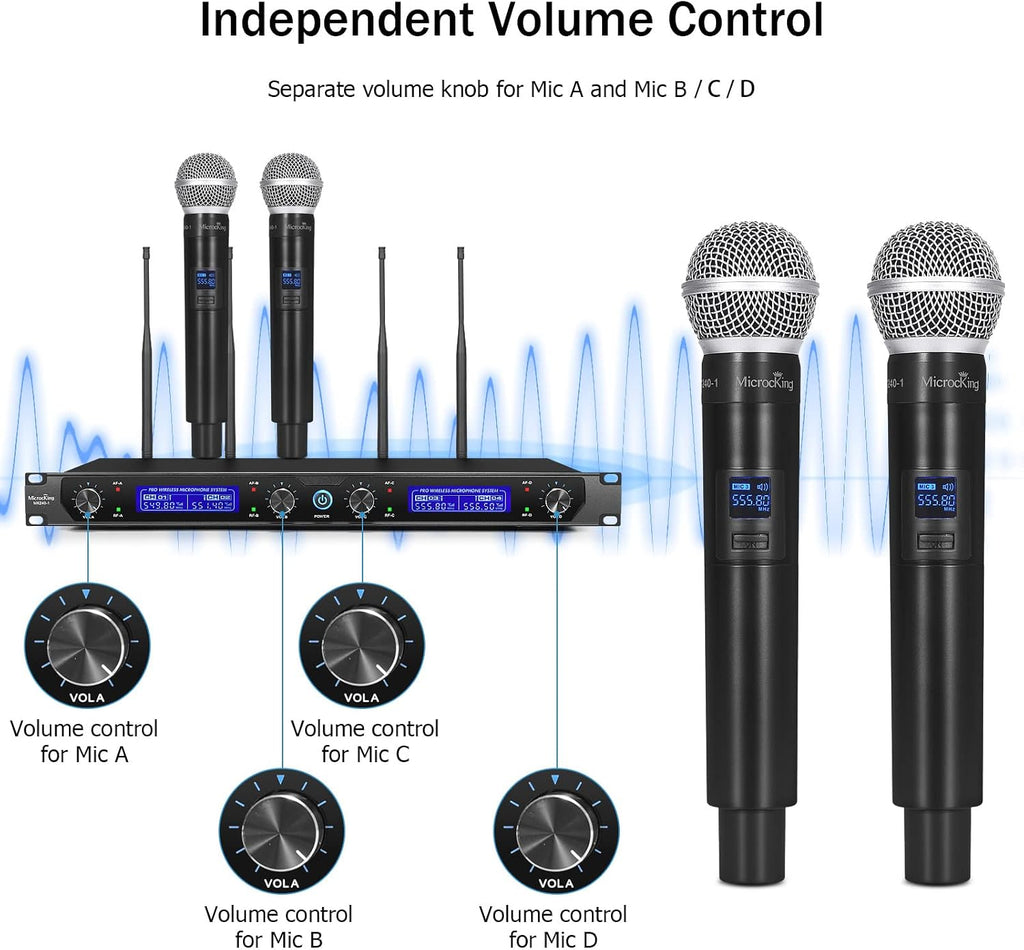 MicrocKing 4 Channel UHF Wireless Microphone System, 4 Handheld Wireless Microphones with Receiver, 400ft Long Range, Professional Dynamic Mic Set for Church, Conference, Wedding, Karaoke and Speech