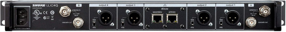 Shure ULXD4D Quad Channel Receiver - for use with ULX-D Digital Wireless Microphone Systems, Transmitters Sold Separately | J50A Band (ULXD4Q=-J50A)