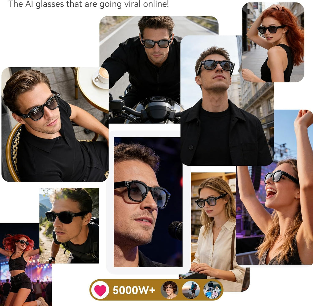 Smart AI Glasses with Camera, 1080P HD Video & 8MP Photo Capture, Real-Time Translation, Recording Glasses, Wireless Charging, Voice Assistant, Open-Ear Audio, Object Recognition, Bluetooth, 3 Lens