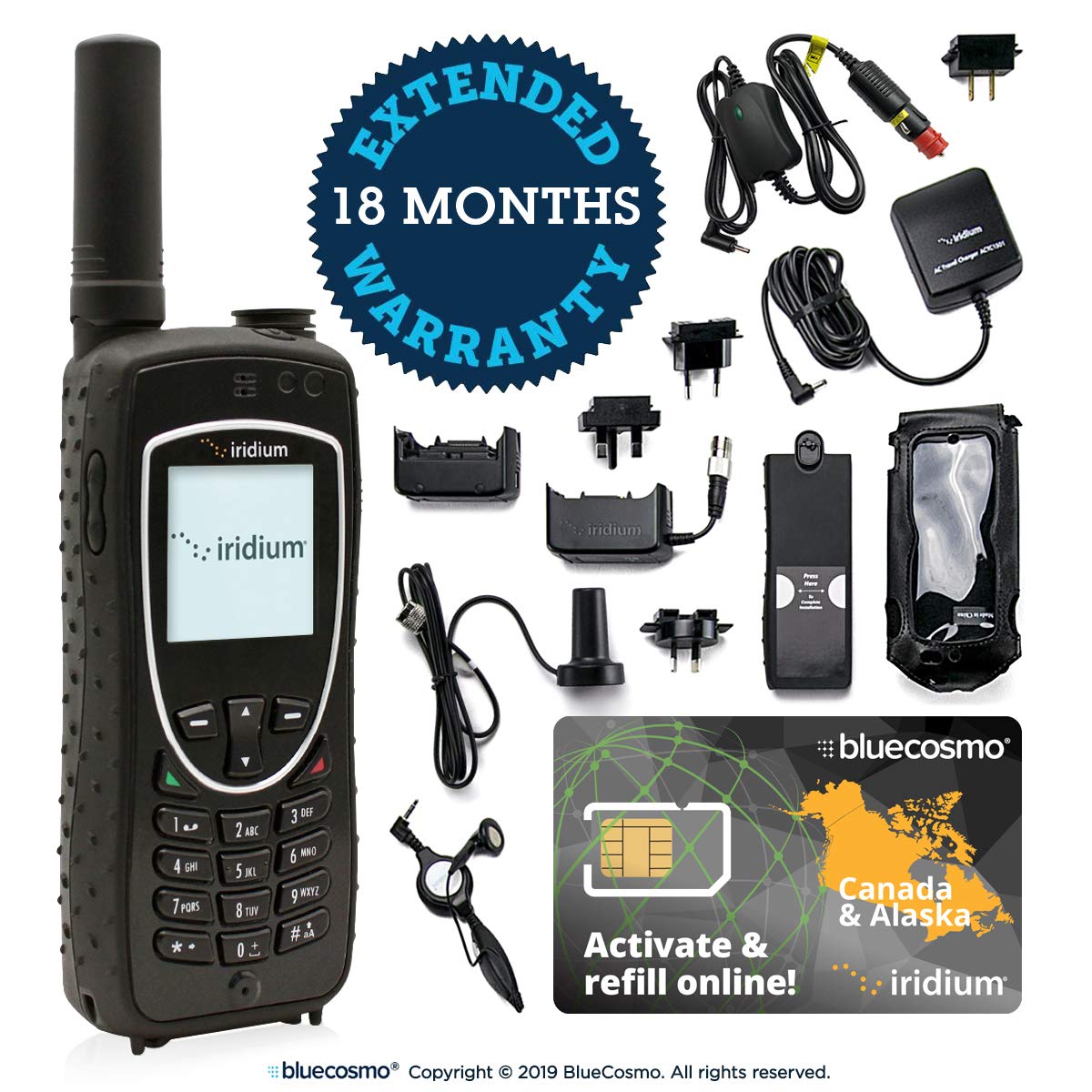 BlueCosmo Iridium Extreme Satellite Phone & 600 Minute 1 Year Global Prepaid SIM Card - Voice, SMS Text Messaging, GPS Tracking, Emergency SOS - Online Activation - 24/7