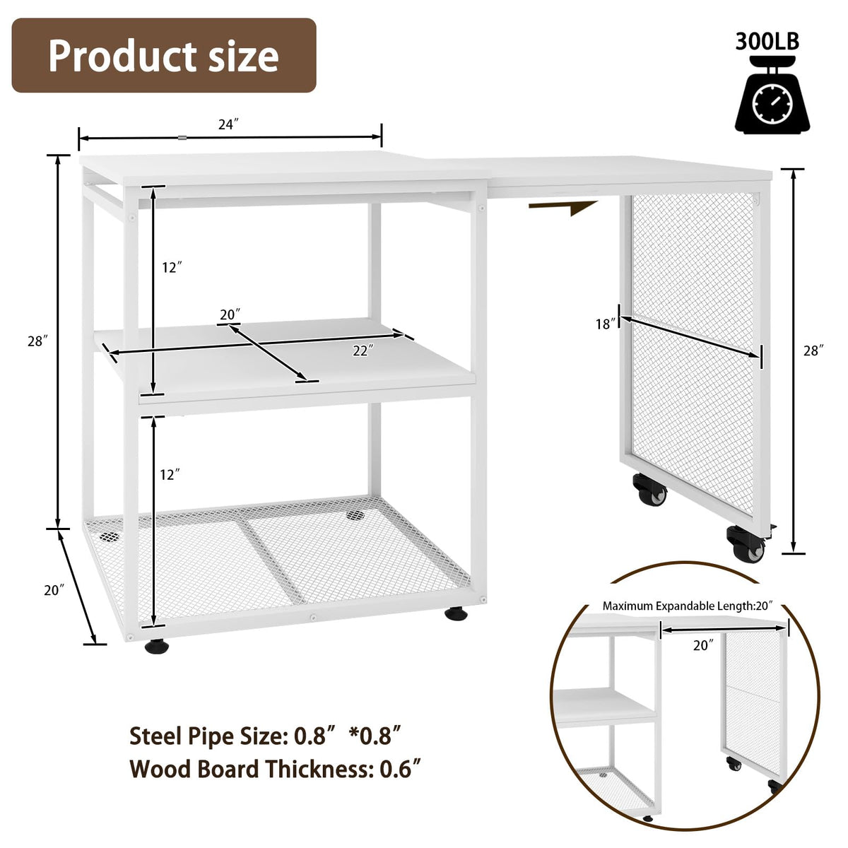 Natwind 24''x20'' Large Printer Stand,Extendable Home Craft Table,Retro