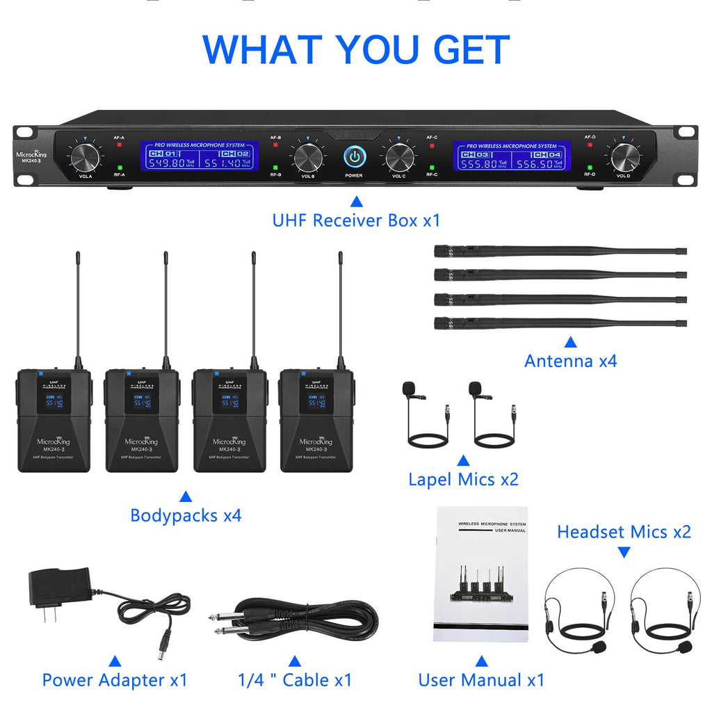 MicrocKing 4 Channel UHF Wireless Microphone System, 4 Handheld Wireless Microphones with Receiver, 400ft Long Range, Professional Dynamic Mic Set for Church, Conference, Wedding, Karaoke and Speech